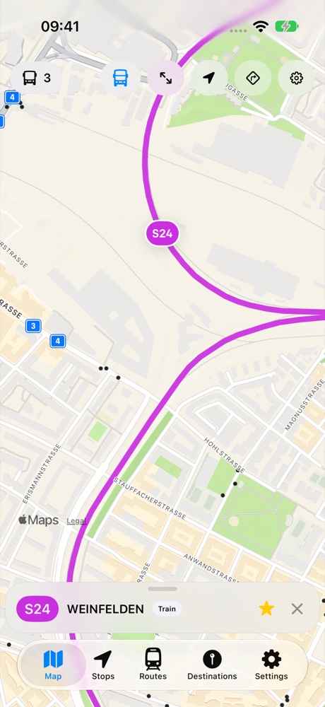 SPT simulator showing Zürich S24 following a curved railway route rather than a straight line between stops